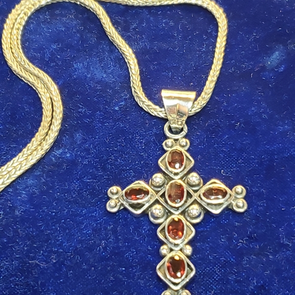 Sterling Silver Ornate Garnet Cross Necklace - Picture 14 of 16
